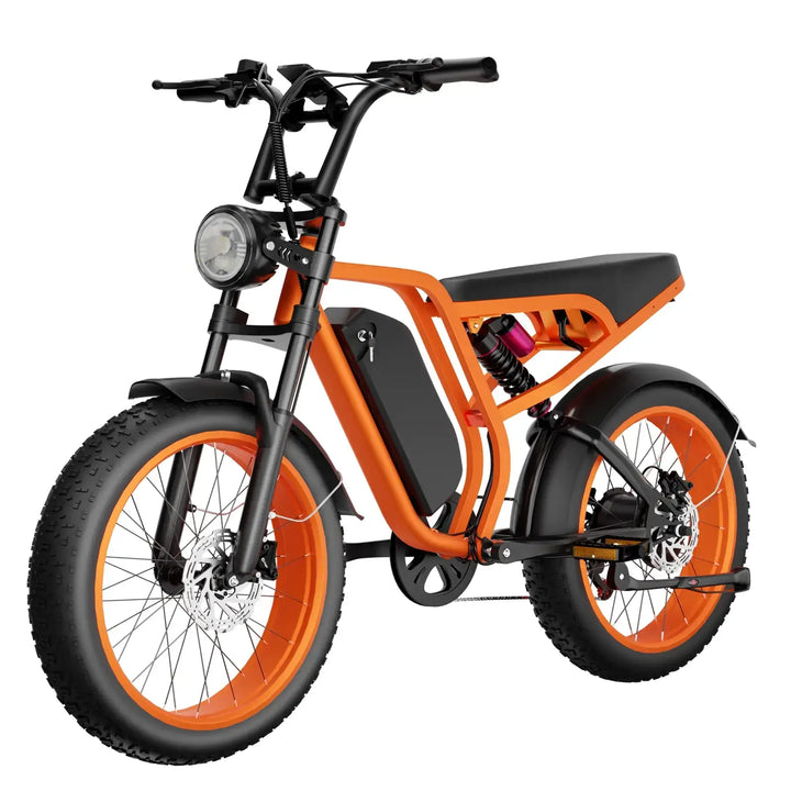 Orange Boombike Bluvall SU8 moped ebike with 1500W motor, 52V battery, 32MPH speed, and 60-mile range.